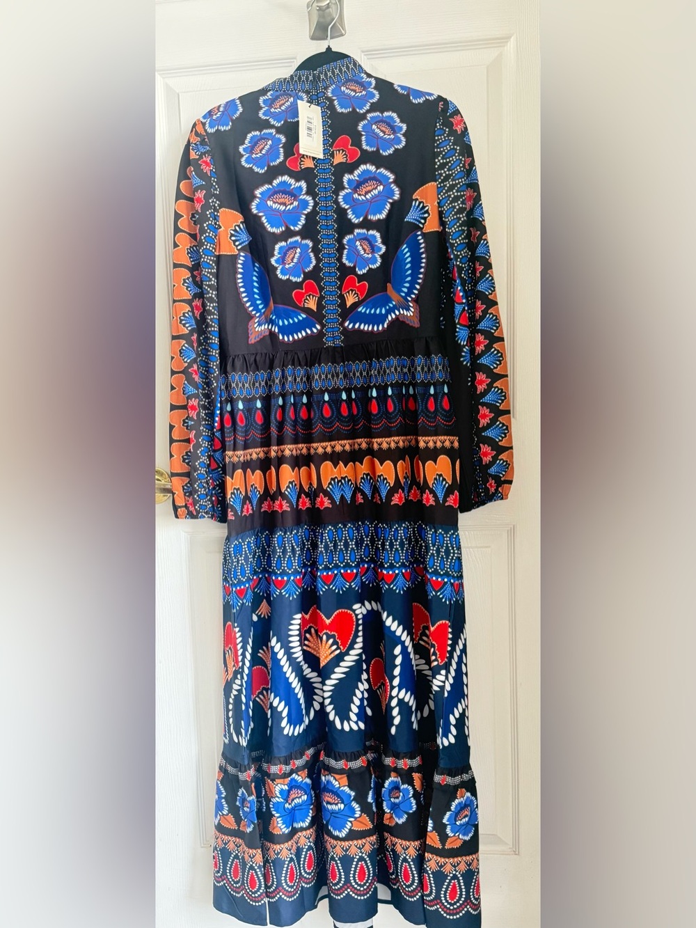 NWT Avara Printed Long Sleeve Maxi Dress Boho Folk Art Blue Orange Red